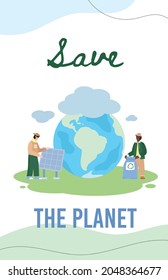 Save the planet of global warming banner or poster template, flat cartoon vector illustration. World climate change and ecosystem conservation poster or card mockup.