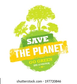 Save The Planet Go Green Creative Eco Vector Design Element. Organic Bio Globe With Trees.