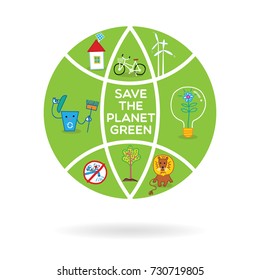 Save the planet green concept design with eco friendly icons. Earth day card or kid poster. Vector illustration.