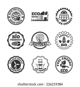 Save planet green earth ecological  renewable energy  systems and bio products labels set abstract isolated vector illustration