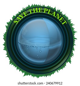 Save the Planet Green Grassy Orb filled with pure Water, Vector Illustration isolated on White Background. 