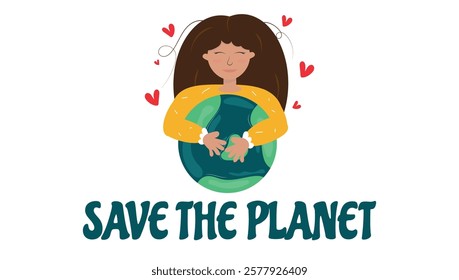 Save the planet, greeting, reminder, memo, poster, girl hugs the planet, joy, happiness