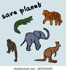 Save the planet. Hand draw exotic animals. Eco theme. Flat vector illustration. Tiger, kangaroo, elephant, monkey, alligator. Animalist artist.