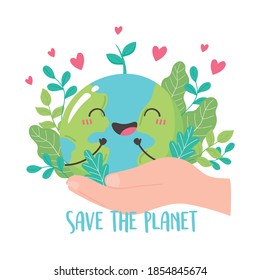 save the planet, hand holding cute earth map leaf hearts cartoon vector illustration
