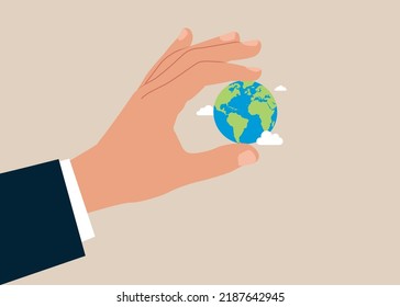 Save the planet. Hand holding globe, earth. Earth day concept. Earth day vector illustration for poster, banner, print, web.Modern cartoon flat style illustration.