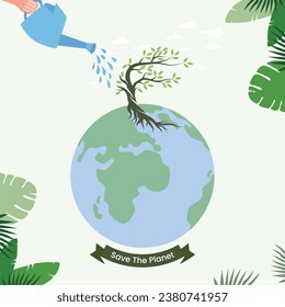 Save the planet. Hand watering a tree on Earth. Caring for environment, ecology concept