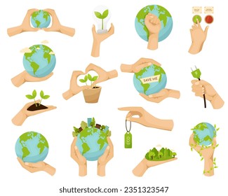 Save planet hands. Cartoon human hands hold different ecological symbols and elements, environment protection signs. Protection with Hand Taking Care of Green Planet Vector Set