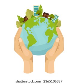 Save planet hands. Cartoon human hands hold different ecological symbols and elements, environment protection signs. Protection with Hand Taking Care of Green Planet
