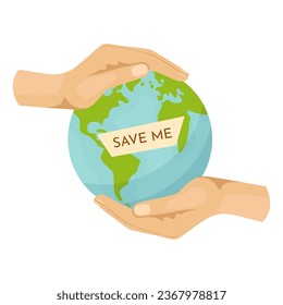 Save planet hands. Cartoon human hands hold different ecological symbols and elements, environment protection sign.