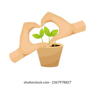 Save planet hands. Cartoon human hands hold different ecological symbols and elements, environment protection sign. Vector illustration EPS10