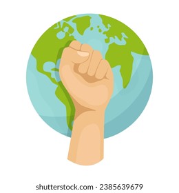 Save planet hands. Cartoon human hands hold different ecological symbols and elements, environment protection sign.