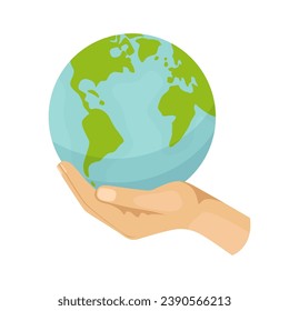 Save planet hands. Cartoon human hands hold different ecological symbols and elements, environment protection sign.