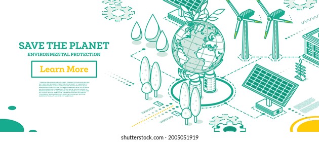 Save the Planet. Hands Hold Model of Globe. Isometric Concept. Environmental Protection. Solar Panels. Clean Water. Earth Day. Vector Illustration.