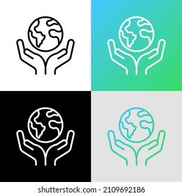 Retten Sie den Planeten. Hände, die den Planeten Erde halten. Umweltökonomie, soziale Verantwortung für die Natur. Dünne Linie Symbol. Vektorgrafik.