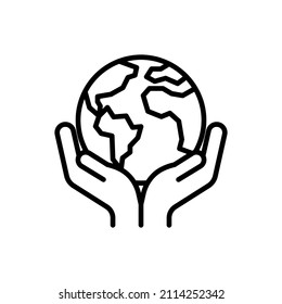 Save planet. Hands holding planet Earth. Environmental economics, social responsibility for nature. Thin line icon. Vector illustration.