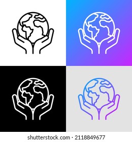 Save planet. Hands holding planet Earth. Environmental economics, social responsibility for nature. Thin line icon. Vector illustration.