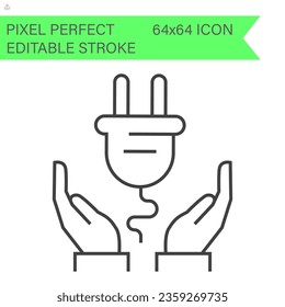 Save planet. Hands holding electric plug. Environmental economics, social responsibility for nature. Thin line icon. Vector illustration. ecology icons .Editable Stroke. 64x64 Pixel Perfect.