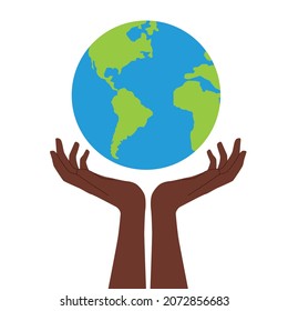 Save the planet. Hands holding globe, earth. Earth day concept. Earth day vector illustration for poster, banner, print, web. Modern cartoon flat style illustration