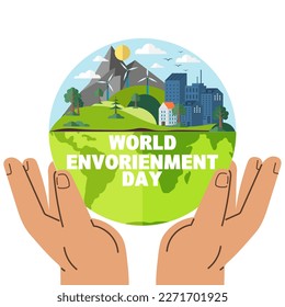 Save planet. Hands holding globe, earth. Earth day concept for poster. Globe with green plant sprout. Planet with world ocean and continents. Symbol of caring for nature, environment and ecology