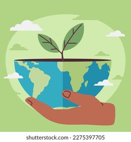 Save planet. Hands holding globe, earth. Earth day concept for poster. Globe with green plant sprout. Planet with world ocean and continents. Symbol of caring for nature, environment and ecology