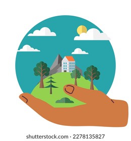 Save planet. Hands holding globe. Earth day concept for poster. Globe with green plants trees and houses. Respect for nature and ecology. Symbol of caring for planet, environment and ecology