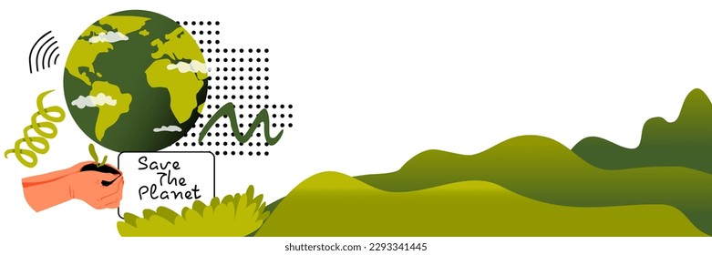 Save the planet. Hands holding a handful of earth with a sprout from which the our planet  grows. Green hills. Abstract doodle shapes. Concept of ecology and environmental protection. Vector
