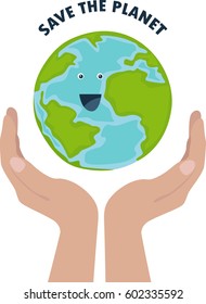 Save the planet. Hands holding smiling face global . Happy emoji. Hand drawn vector illustration. Flat style.