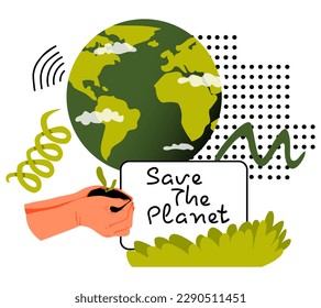 Save the planet. Happy Earth Day. Planet Earth with clouds. Abstract doodle shapes. Concept of ecology and environmental protection. Vector illustration