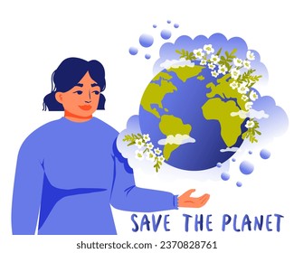 Save the Planet. Happy Earth Day.  Woman holding the globe with flowers. Concept of ecology and environmental protection. Vector illustration