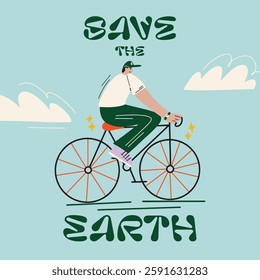 Save the planet, Happy international earth day 22 april social media design concept with male cartoon character ridding bicycle vector illustration in groovy funky style