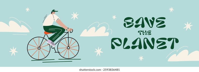 Save the planet, Happy international earth day 22 april social media banner design concept with male cartoon character ridding bicycle vector illustration in groovy funky style