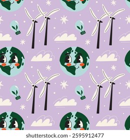 Save the planet, Happy international earth day 22 april social media design concept with seamless vector pattern with cartoon illustration in groovy funky style