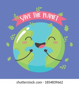 salva el planeta, feliz sonrisa lindo mapa de la tierra ilustración vectorial