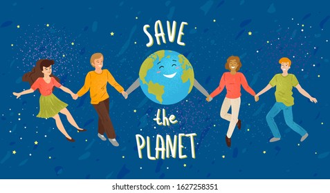 Save the planet. Happy young people holding hands together with globe. Handwritten lettering. Concept for save planet environment. World earth day. Vector cartoon illustration