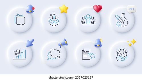 Save planet, Hold document and Messenger line icons. Buttons with 3d bell, chat speech, cursor. Pack of Chat message, Chemistry experiment, Growth chart icon. Startup, Winner pictogram. Vector
