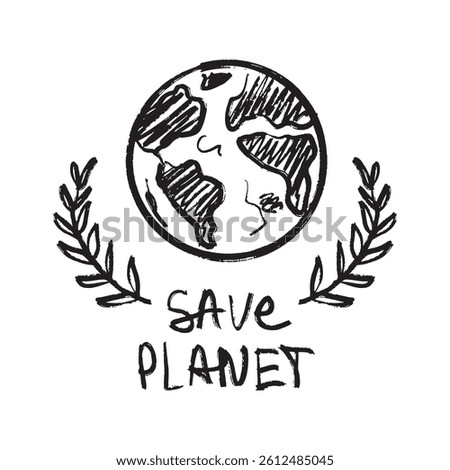 Save planet icon in black brush stroke texture isolated on white. Hand drawn vector sketch illustration in vintage charcoal ink. Zero waste, garbage recycling concept, Earth design, print