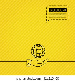 Save planet icon. Hand with globe sign. Ecology environment symbol. Speech bubble of dotted line. Orange background. Vector