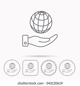 Save planet icon. Hand with globe sign. Ecology environment symbol. Linear circle, square and star buttons with icons.