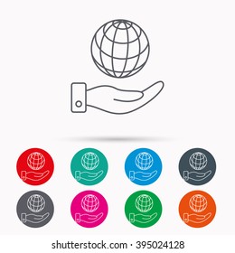 Save planet icon. Hand with globe sign. Ecology environment symbol. Linear icons in circles on white background.