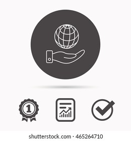 Save planet icon. Hand with globe sign. Ecology environment symbol. Report document, winner award and tick. Round circle button with icon. Vector