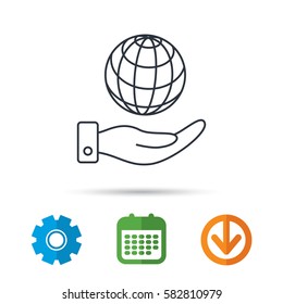 Save planet icon. Hand with globe sign. Ecology environment symbol. Calendar, cogwheel and download arrow signs. Colored flat web icons. Vector