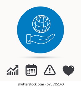 Save planet icon. Hand with globe sign. Ecology environment symbol. Calendar, attention sign and growth chart. Button with web icon. Vector