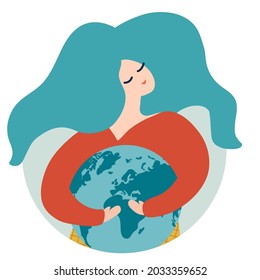 Save the planet icon, label, sticker. Concept of the Earth day vector. Woman holding planet. Girl hugging globe. Taking care of Earth. Environment conservation and energy saving concept. World map. 