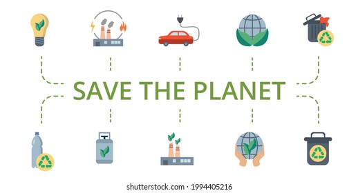 Guardar conjunto de iconos Planeta. Contiene iconos editables para salvar el tema mundial como la energía combinada, el reciclaje de botellas, el coche eléctrico y más.