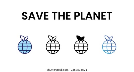 Save The Planet icons, color, line, glyph, gradient, Blue icon, Green energy icon in five variations stock illustration.