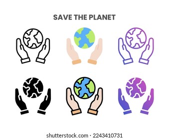 Save the planet icons vector illustration set line, flat, glyph, outline color gradient. Great for web, app, presentation and more. Editable stroke and pixel perfect.