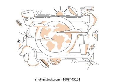 Save the planet illustration, go green, earth day. vector line art illustration