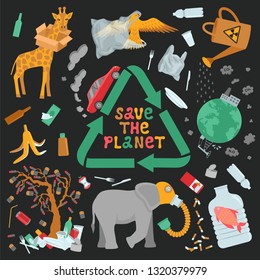 Save the planet infographic. Garbage, global warming and environmental pollution. Color flat vector illustration