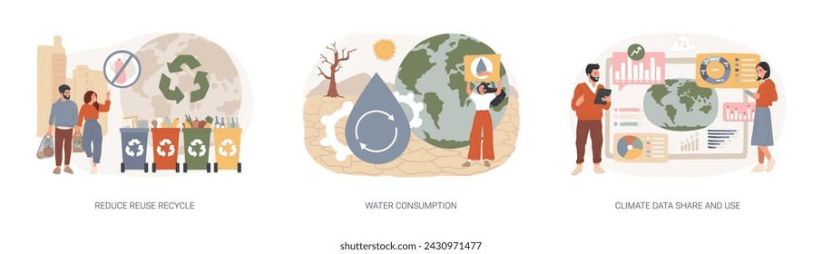 Save the planet isolated concept vector illustration set. Reduce Reuse Recycle, water consumption, climate data share and use, upcycling program, weather forecast, overconsumption vector concept.