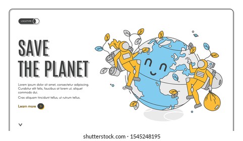 Save the planet isometric landing page, earth day celebration. Astronauts volunteers care of globe cleaning garbage and planting trees. Ecological protection 3d vector web banner template, line art